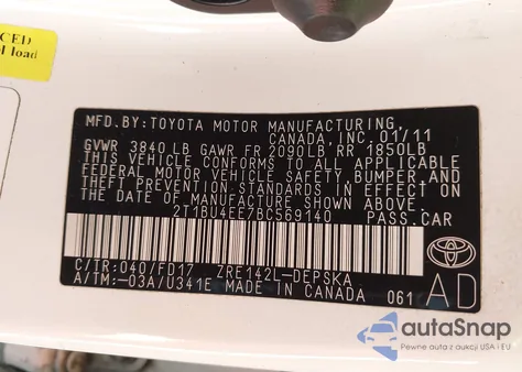 2011 Toyota Corolla S z USA, uszkodzony, nr VIN 2T1BU4EE7BC569140